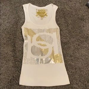 Bebe tank XS white, silver, gold, w/ rhinestones